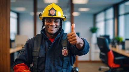 Smiling firefighter showing thumbs up in the office