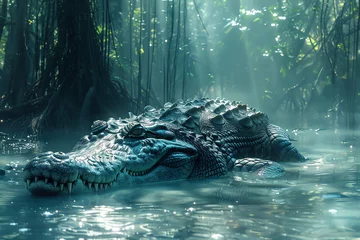 Fototapeten A prehistoric relic, the crocodile basks in primordial dominance. © Shamim