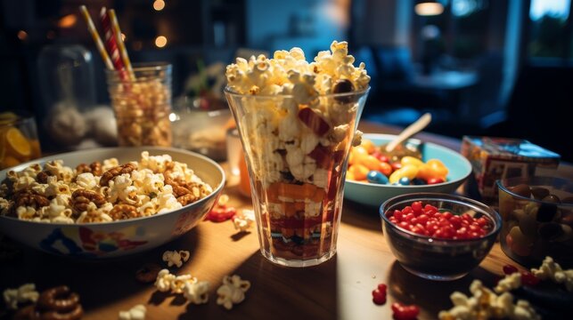 The inviting warmth of a movie night is captured in this close-up of Dad's favorite snacks: popcorn, peanuts, and pretzel bites, all ready for the big screen.