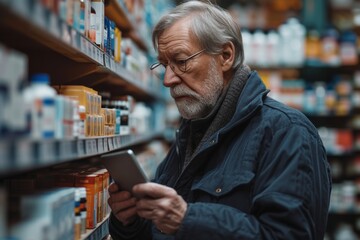 Senior man using tablet in pharmacy aisle.