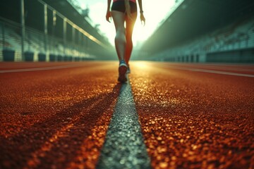 Focused athlete ready to start on running track at sunrise. © Iona