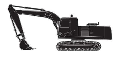 Illustration of tracked excavator on the white background. Black.