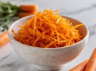 Grated carrot in bowl. Cooking vegetarian food at home.