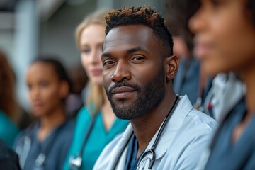 Confident doctor among team, leadership in healthcare