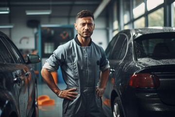 Confident mechanic in a car workshop, arms crossed