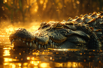 Sunlight glistening on the formidable scales of a lurking crocodile. - obrazy, fototapety, plakaty