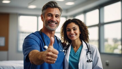 Smiling doctor showing thumbs up - obrazy, fototapety, plakaty