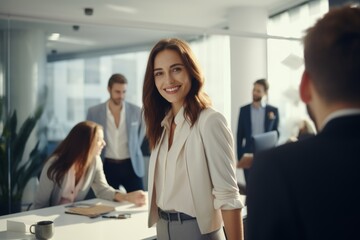Fototapeta premium Confident businesswoman, team meeting, modern office, leadership