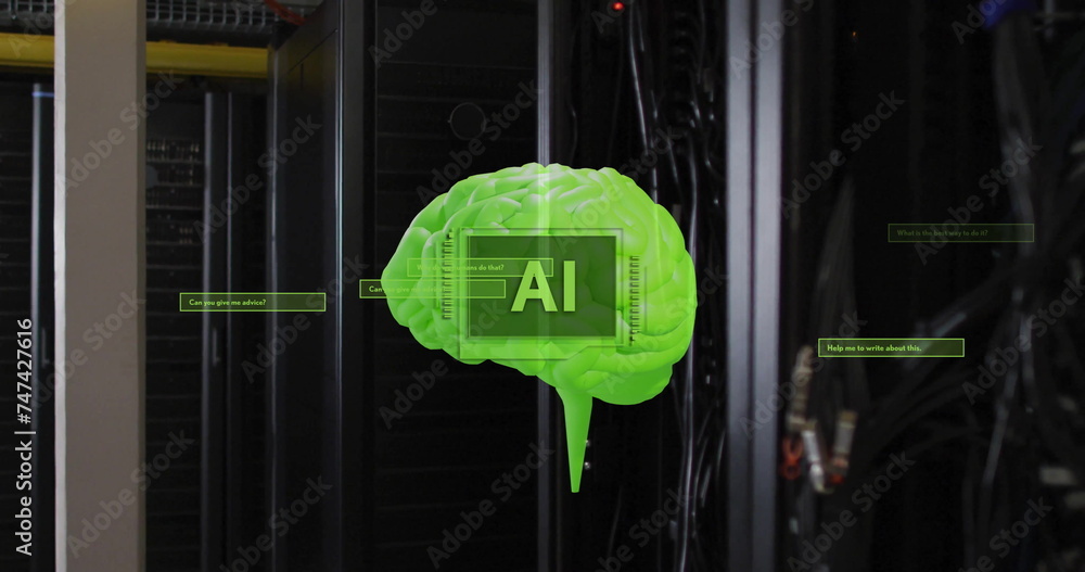 Poster image of ai text with brain and data processing over computer servers