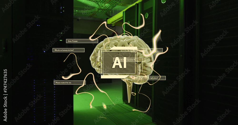 Poster image of ai text with brain and data processing over computer servers