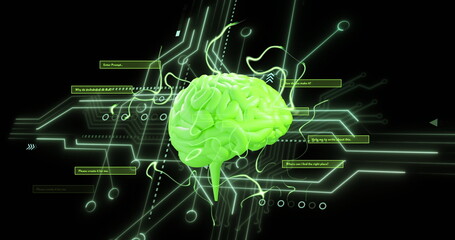 Image of human brain and circuit board with data processing