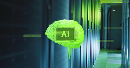 Image of ai text with brain and data processing over computer servers