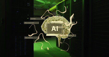 Image of ai text with brain and data processing over computer servers
