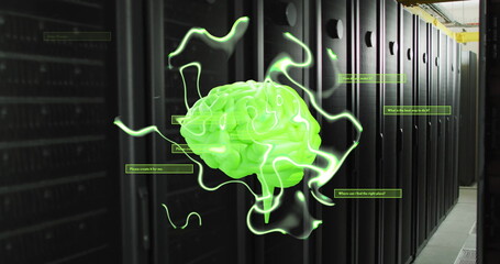 Image of ai text with brain and data processing over computer servers
