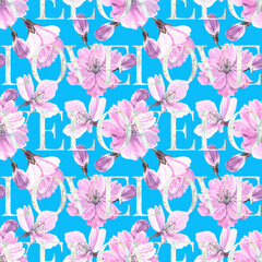Watercolour Sakura spring flowers illustration seamless pattern. Seasonal Cherry blossom. On blue background. Hand-painted. Botanical Floral elements. Handwritten message LOVE lettering.