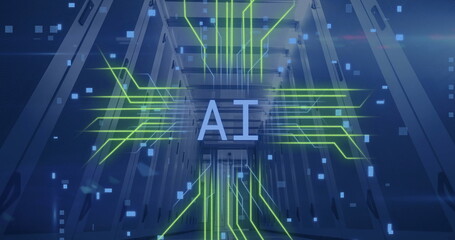 Image of ai text with data processing over computer servers