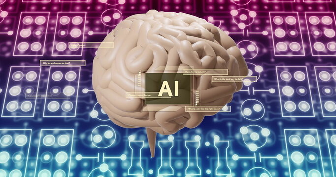 Image of ai text, human brain and data processing