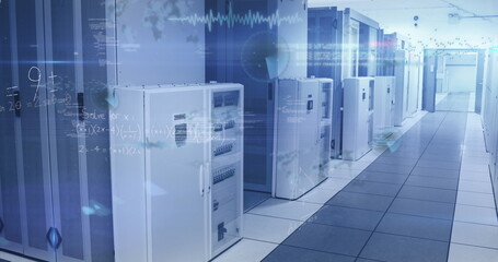 Image of data processing and mathematical equations against computer server room