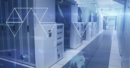 Image of data processing and geometrical shapes against computer server room