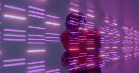Image of neon lines over american football player on neon background