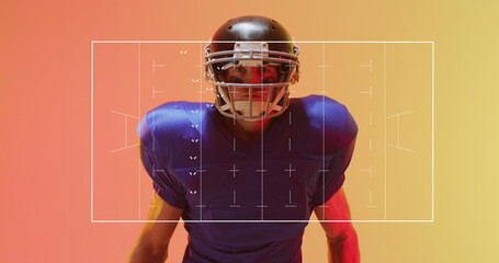 Image of american football pitch over american football player on neon background