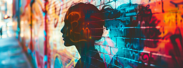 Naklejka premium Double exposure of a person and colorful street graffiti, showcasing the fusion of urban culture and individual identity. Generative ai.