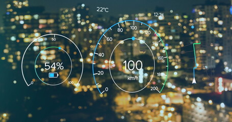 Image of electric car speedometer data processing over city