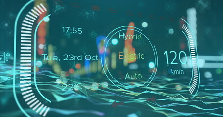 Obraz premium Image of electric car speedometer data processing over city