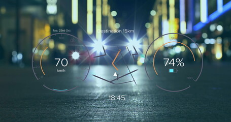 Image of electric car speedometer data processing over city