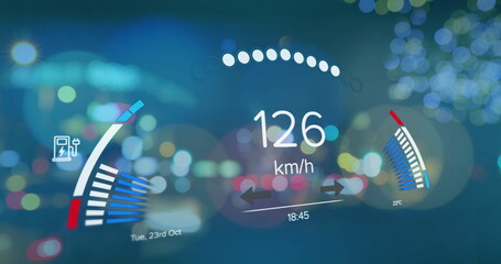 Image of electric car speedometer data processing over city