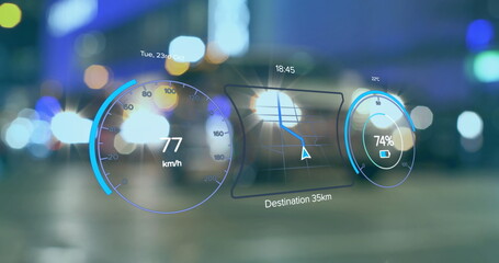 Image of electric car speedometer data processing over city