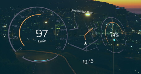 Image of electric car speedometer data processing over city