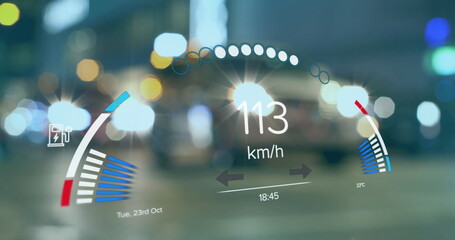 Image of electric car speedometer data processing over city