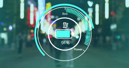 Fototapeta premium Image of electric car speedometer data processing over city