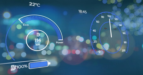 Naklejka premium Image of electric car speedometer data processing over city