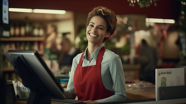 Capture the engaging moment of a smiling, young, and attractive saleswoman, doubling as a cashier, providing exemplary service to customers. 