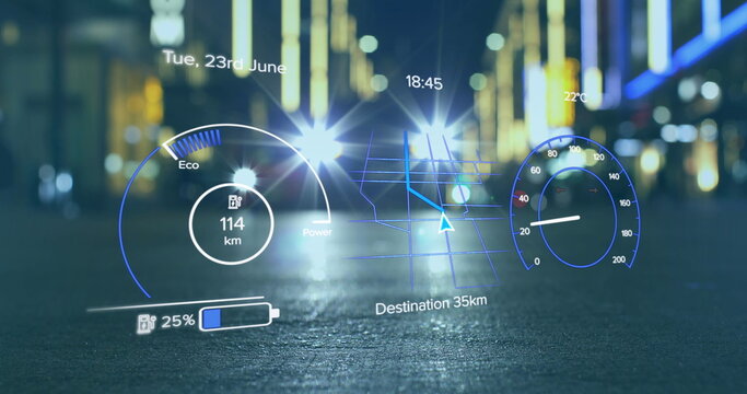 Image of electric car speedometer data processing over city
