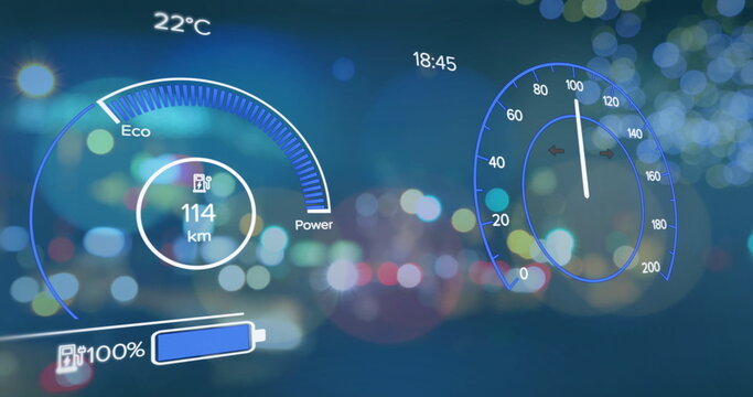 Fototapeta Image of electric car speedometer data processing over city