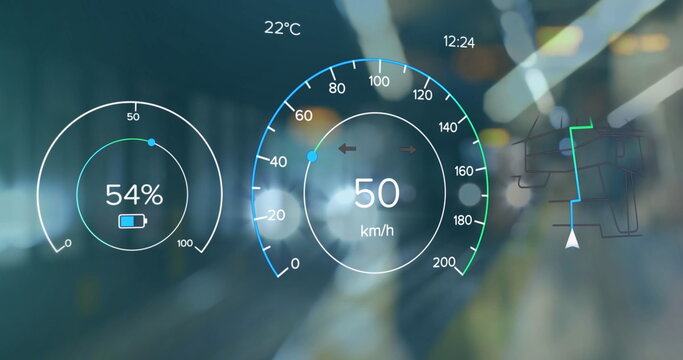 Image of electric car speedometer data processing over city - Powered by Adobe