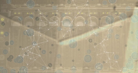 Image of network of connections with icons over server room