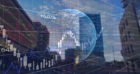 Image of data processing and globe over cityscape