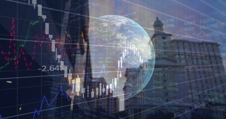 Image of data processing and globe over cityscape