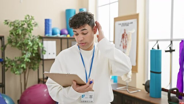 Frustrated young arab man with a stressed surprise expression clutches clipboard at physio clinic, hand on head in upset anger