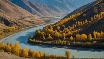 Landscape with the katun river in the altai mountains in autumn - obrazy, fototapety, plakaty