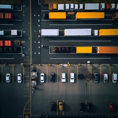Top view parking lot with parked trucks 