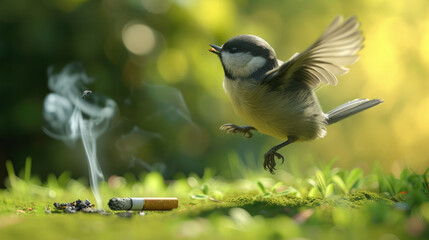 sparrow bird jumps on the grass, flies in the park, a cigarette is lying nearby, a smoking cigarette butt, environmental pollution