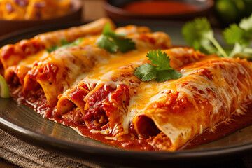 A plate of enchiladas, a traditional Mexican dish made with tortillas filled with meat, cheese, or...