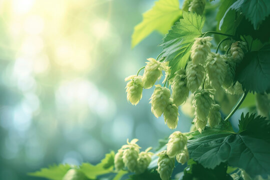 hop leaves, Cannabaceae, plant with buds and cones, green background with sunlight