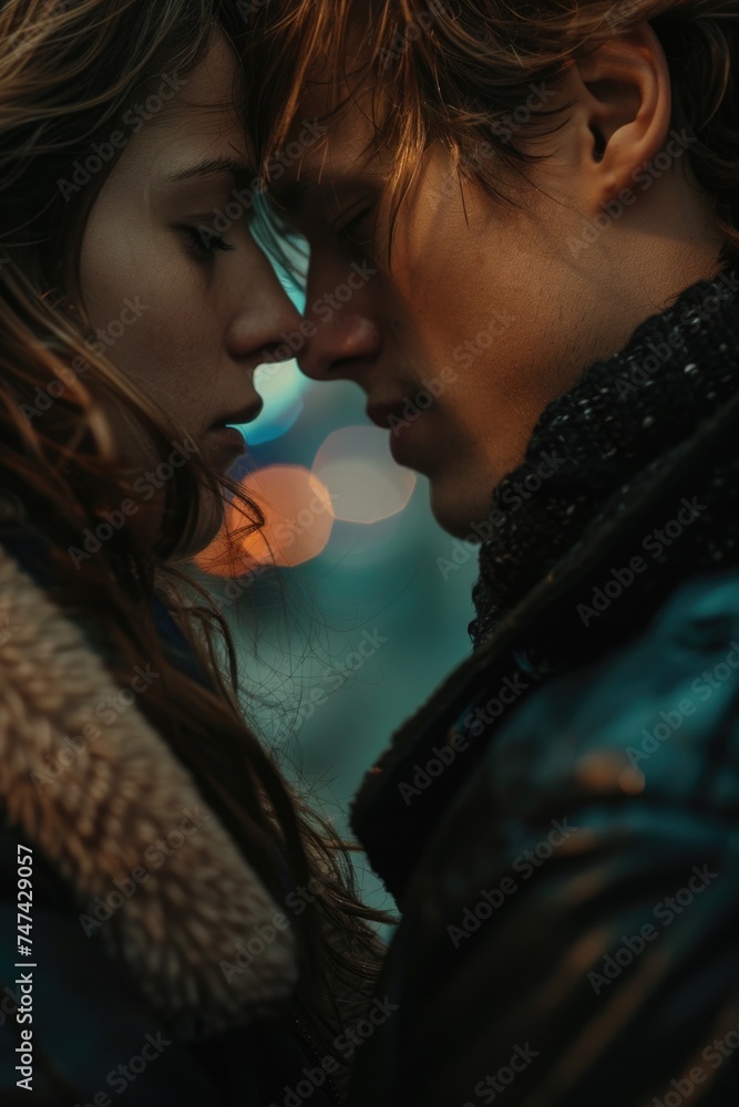 Poster a man and a woman standing next to each other. suitable for various concepts and themes