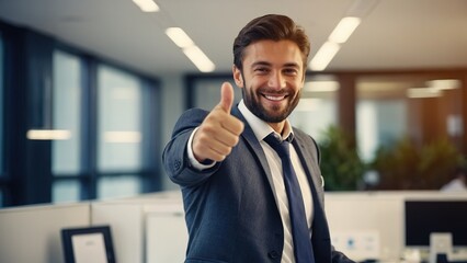Fototapeta premium Smiling businessman showing thumbs up in the office